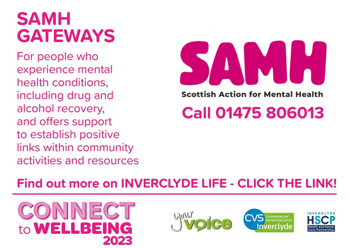 SAMH Gateways Service is in place to provide support for people aged 16 and over in Inverclyde who are experiencing varying levels of mental health. Read more: inverclydelife.com/services/samh-… @SAMHmentalhealth #ConnectToWellbeing #InverclydeCares