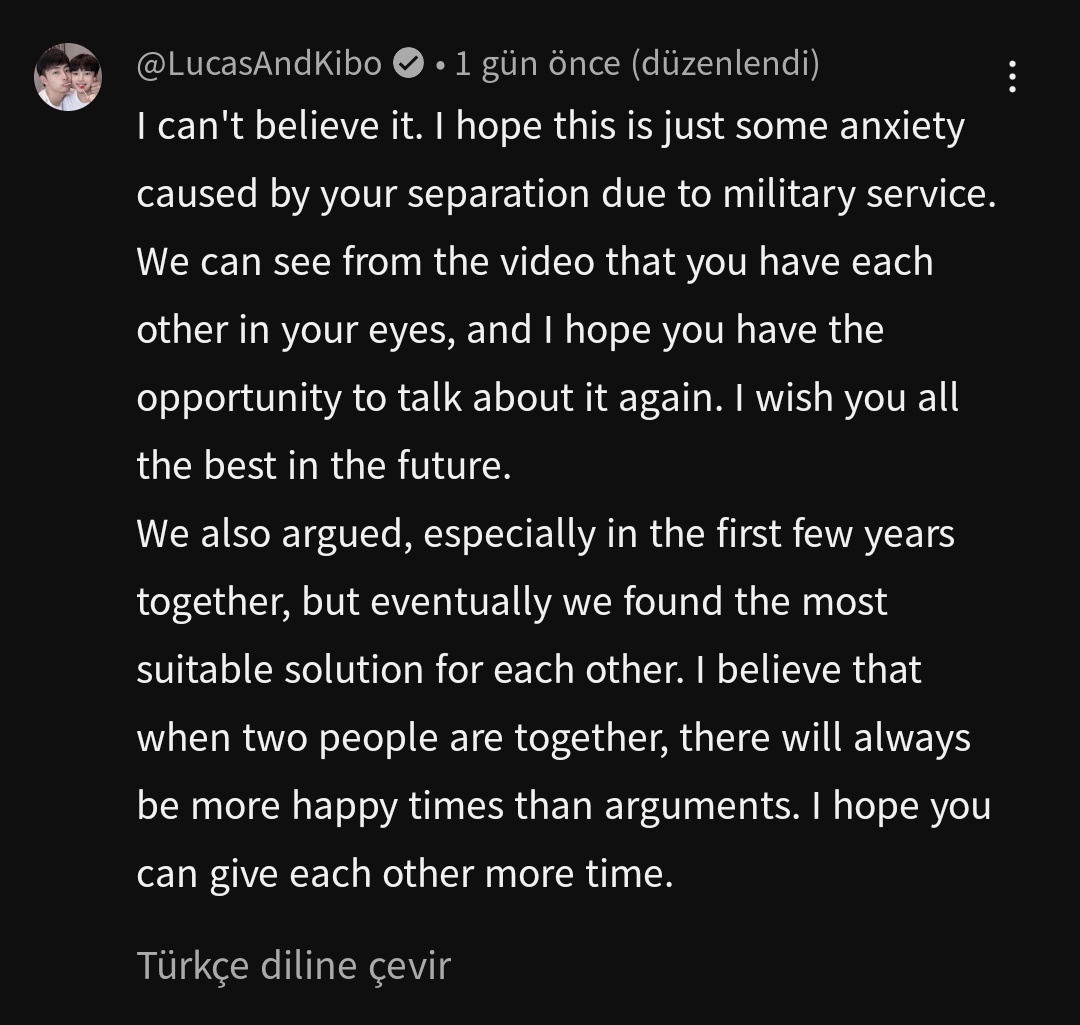 _BLNEWS's tweet photo. Youtube'da 2,3 milyon aboneye sahip Çinli çift LucasAndKibo, #Bosungjun'un ayrılık haberini verdiği videonun altına yorum yaptı!

"İnanamıyorum. Umarım bu sadece askerlik nedeniyle ayrı kalmanızdan kaynaklanan bir kaygıdır. [...] Umarım bu konuyu tekrar konuşma fırsatınız olur. + https://t.co/y9NxEDj0Sn