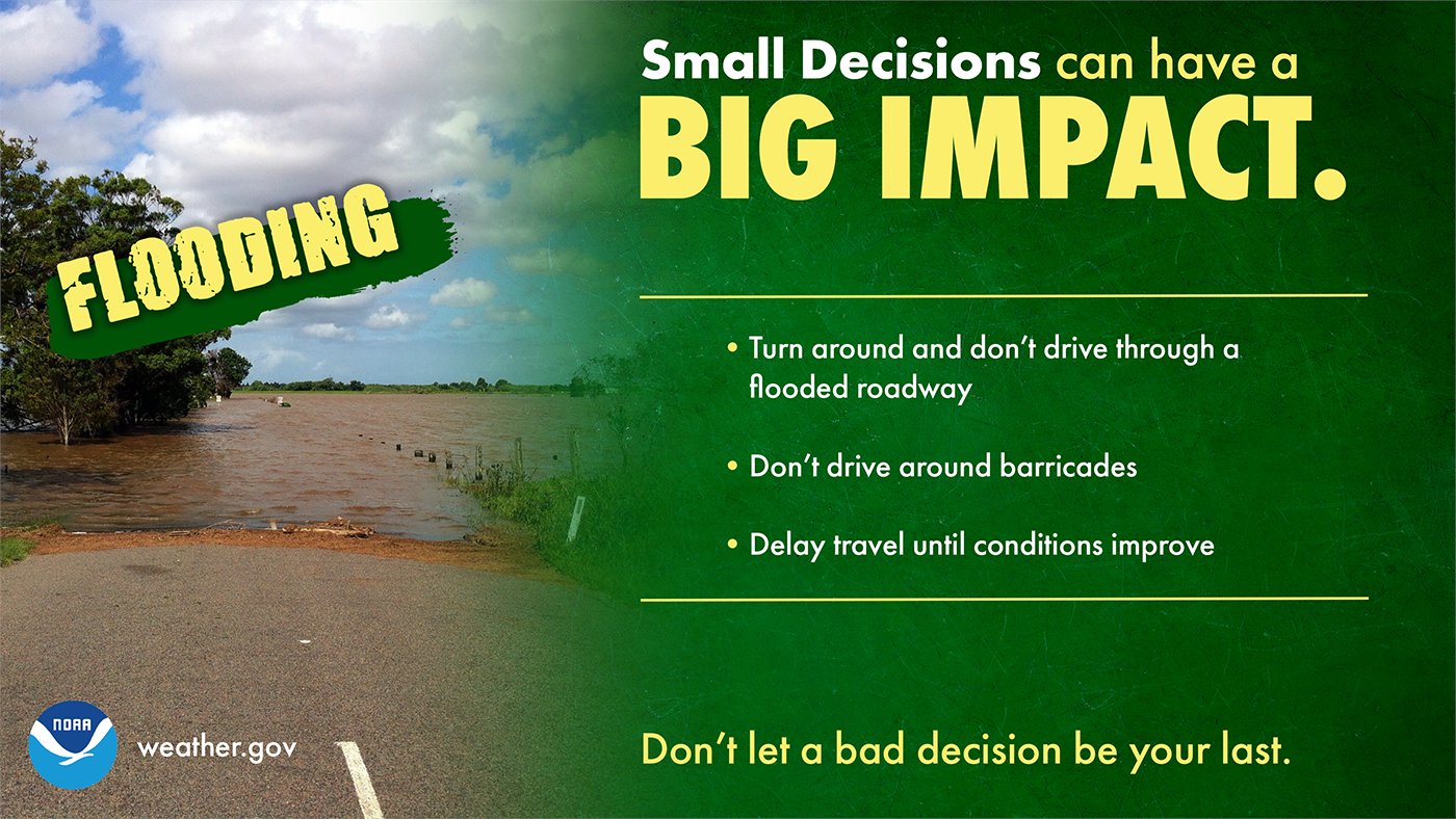 Small Decisions can have a big impact: Flooding. 1) Turn around and don't drive through a flooded roadway. 2) Don't drive around barricades. 3) Delay travel until conditions improve. Don't let a bad decision be your last.