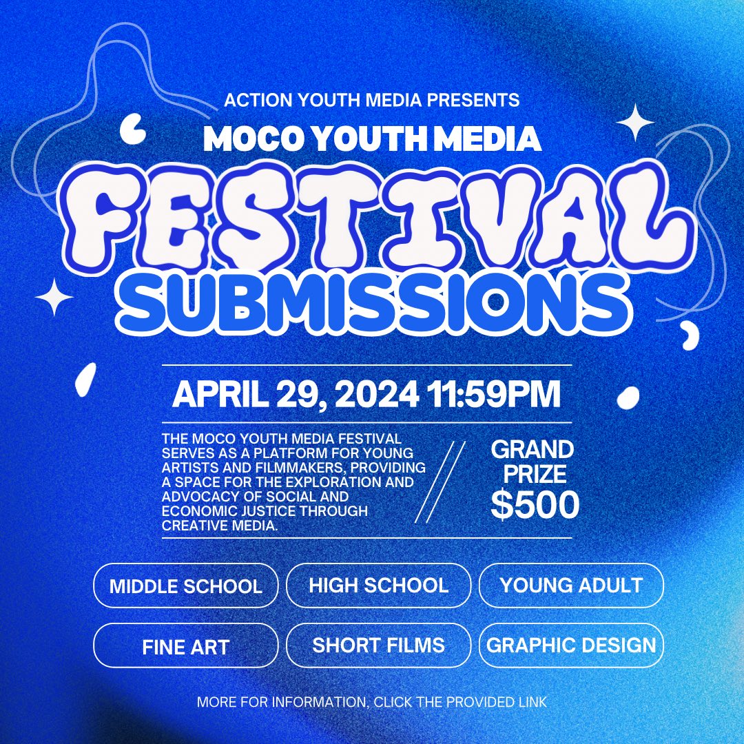 The MoCo Youth Media Festival is back and it's time to show off your talent! Get ready to win some cash prizes by submitting your best work. Don't miss out on this incredible opportunity! Click the link to learn more and submit your entry now! 

linktr.ee/actionyouthmed…