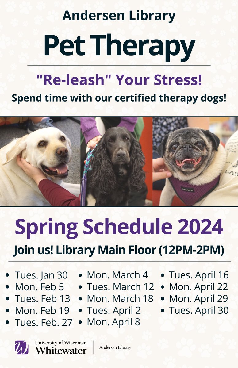 UWW_Library's tweet image. Andersen Library Pet Therapy -

Spend time with certified therapy dogs at the Andersen Library (main floor) on alternating Mondays and Tuesdays from 12pm-2pm.

Spring 2024 Semester: Jan 30; Feb 5, 13, 19, 27; March 4, 12, 18; April 2, 8, 16, 22, 29, 30

libcal.uww.edu/event/11962378