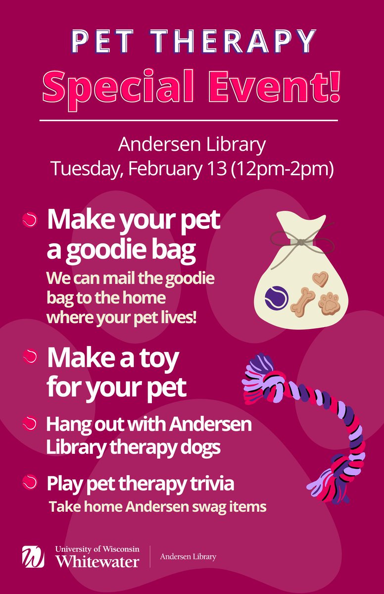 UWW_Library's tweet image. Join us for a Special Pet Therapy event on Tues, Feb. 13 (12pm-2pm) at the Andersen Library!

Hang out with certified therapy dogs, make a goodie bag for your pet filled with toys and treats, and make a rope toy for your pet!

More info: libcal.uww.edu/event/11962514