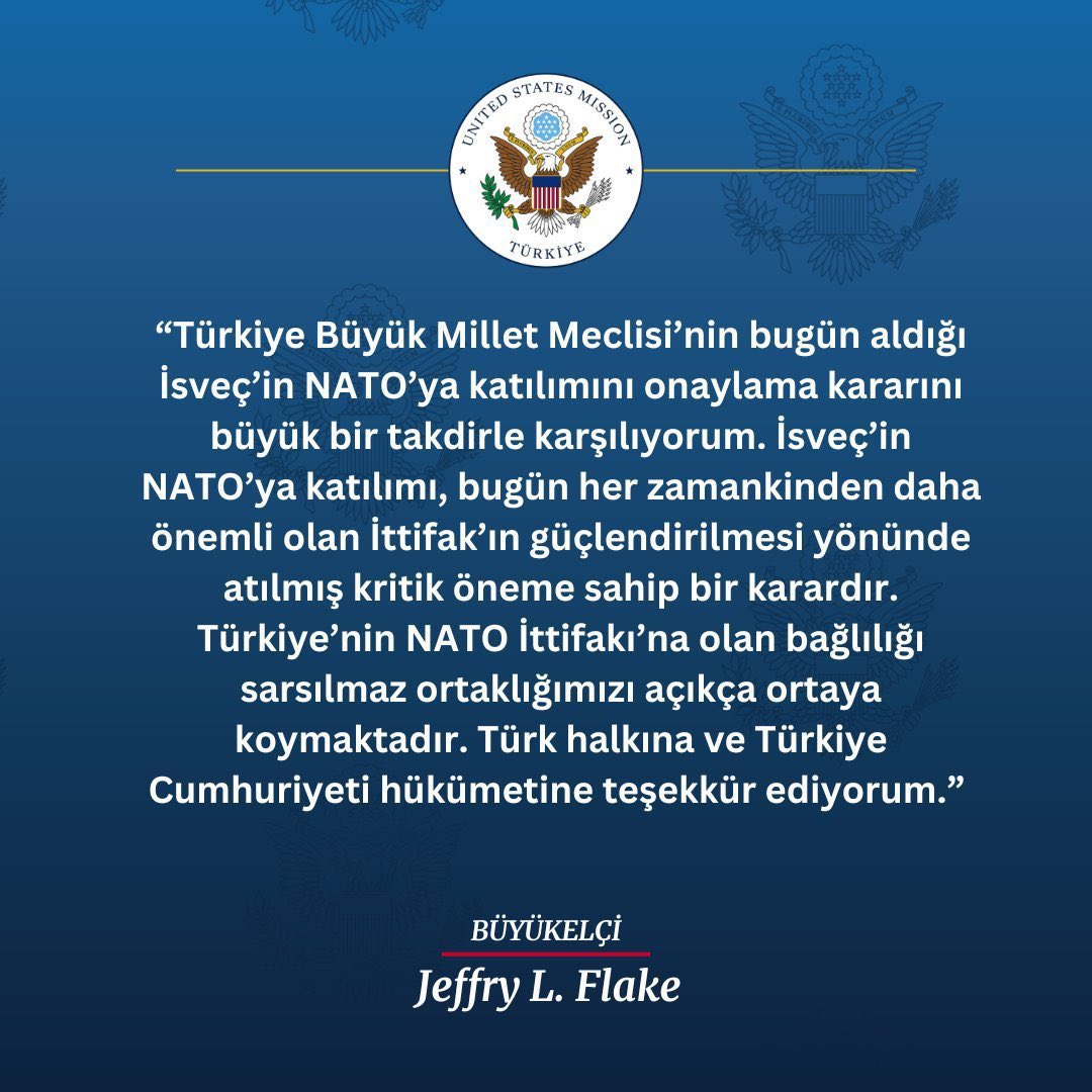 Haber on X: çABD'nin Türkiye büyükelçisi Jeffry Flake: çTBMM'nin İsveç'in NATO'ya katılımını onaylama kararını büyük ölçüde takdir ediyorum. Türkiye halkına ve hükümetine teşekkür ediyorum.ç https://t.co/jDD0F5b905ç / X