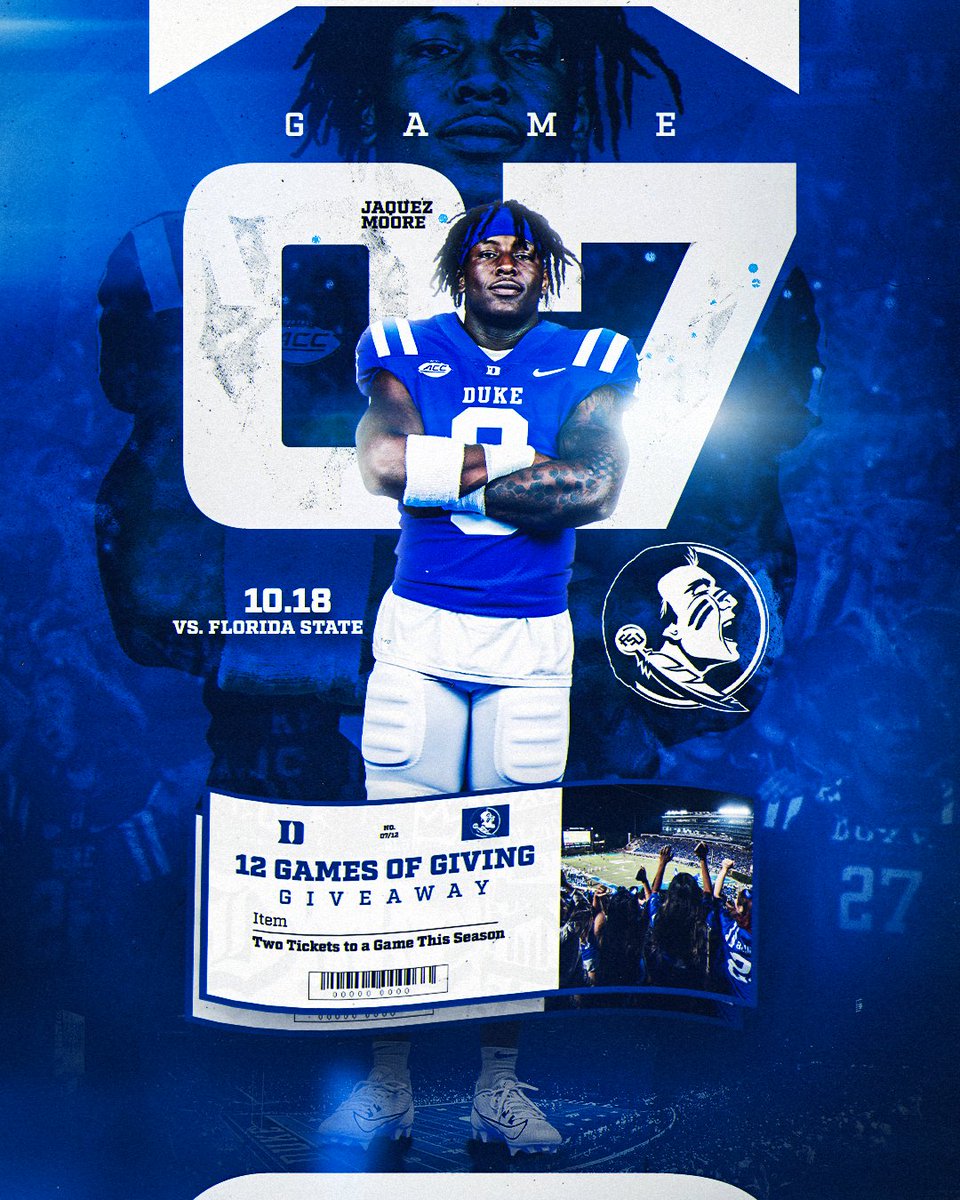 𝙁𝙍𝙄𝘿𝘼𝙔 𝙉𝙄𝙂𝙃𝙏 𝙇𝙄𝙂𝙃𝙏𝙎
10/18 | 𝙫𝙨. 𝙁𝙡𝙤𝙧𝙞𝙙𝙖 𝙎𝙩𝙖𝙩𝙚

For this matchup, we’re giving away two free tickets to a game this season!

All you need to do to enter is like, repost and follow @DukeFootball!