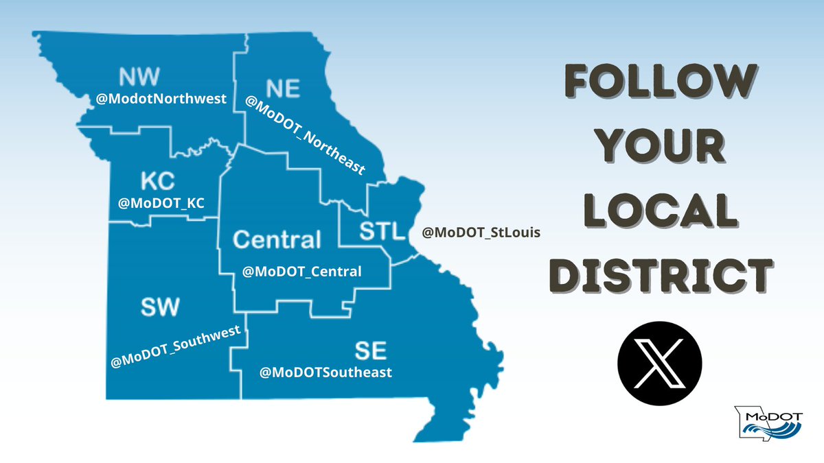 MoDOT's tweet image. Be sure to follow your local MoDOT District for the most timely and accurate news for road conditions, projects, and all things MoDOT happening in your area!