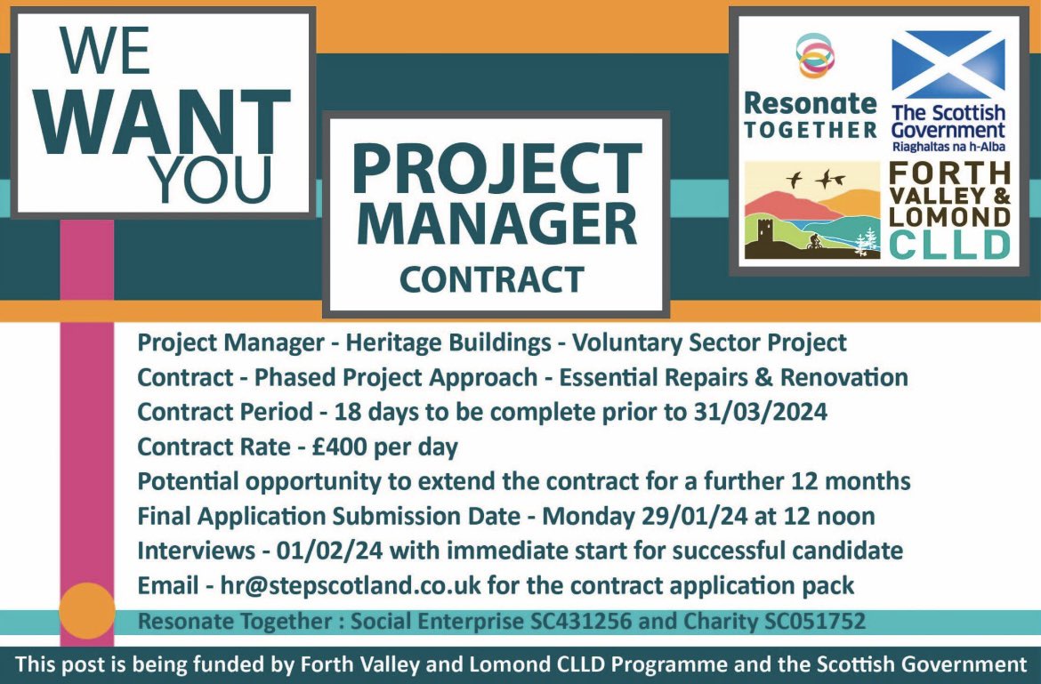 Good evening folks, hope you are safe from tonight’s storm. Please do share the following - it might just be the one contract someone truly needs right now: *** Contract Opportunity *** Project Manager, Carsebridge Cultural Campus. Funded by @FvlLeader & @scotgov in #Alloa 😁