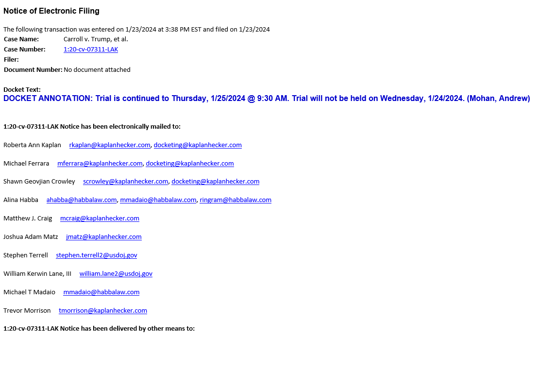NEW: Trump's testimony will have to wait until Thursday now because through a one-line order without explanation, Judge Lew Kaplan has further postponed <a href="/ejeancarroll/">E. Jean Carroll</a> trial until Thursday.