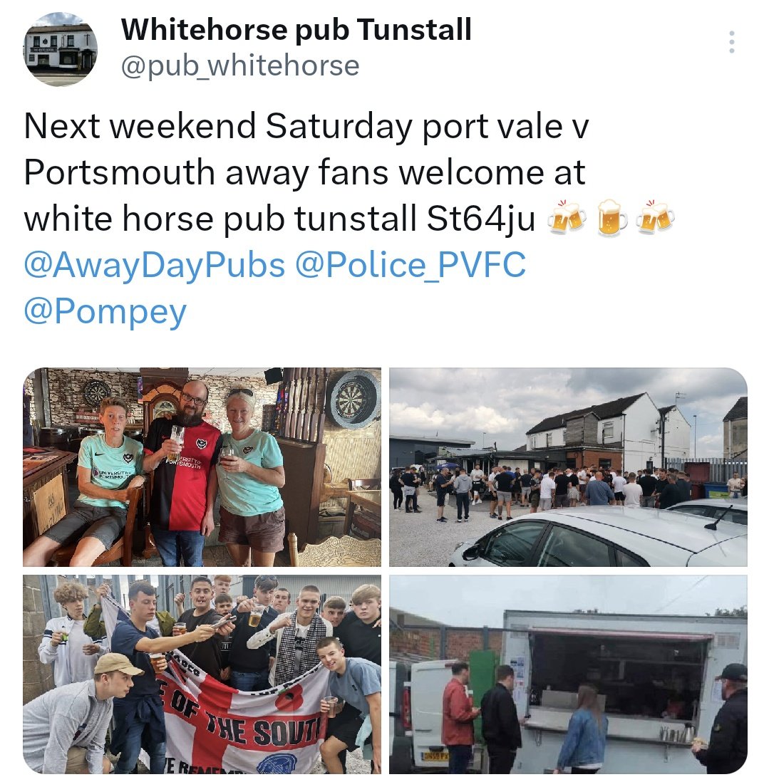 Some great Away drinking venues for travelling fans @Pompey 27.01.2024 KO 15.00Hrs. 
Have a great day, lots for everyone..
@burslem_cc 
@GreenStarStoke 
@pioneerbar23 
@pub_whitehorse 

@PompeyITC @PompeyTrust @pompeylive @FBAwayDays