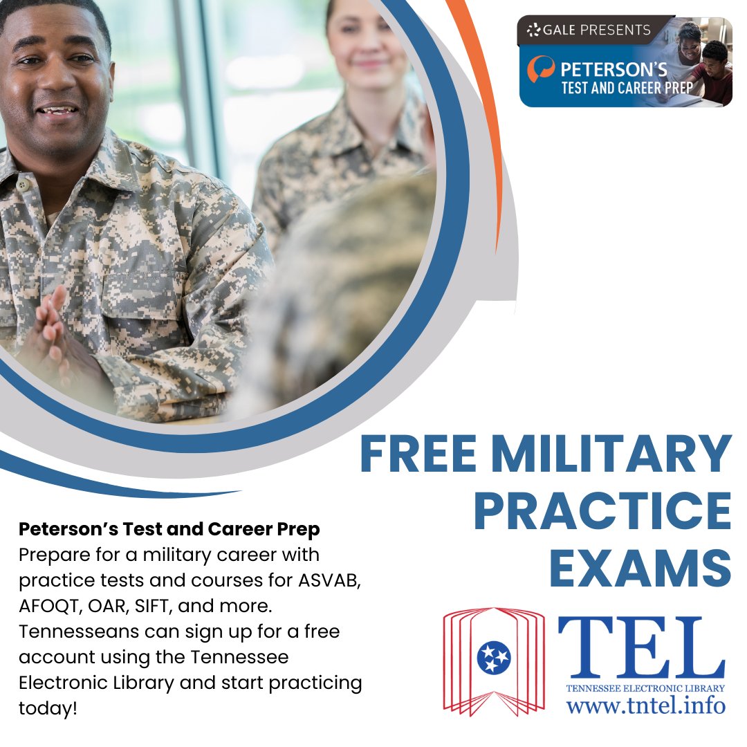 Prepare for a military career with practice tests and courses for ASVAB, AFOQT, OAR, SIFT, and more.  Tennesseans can sign up for a free account using the Tennessee Electronic Library and start practicing today! #TennesseeElectronicLibrary #IMLS