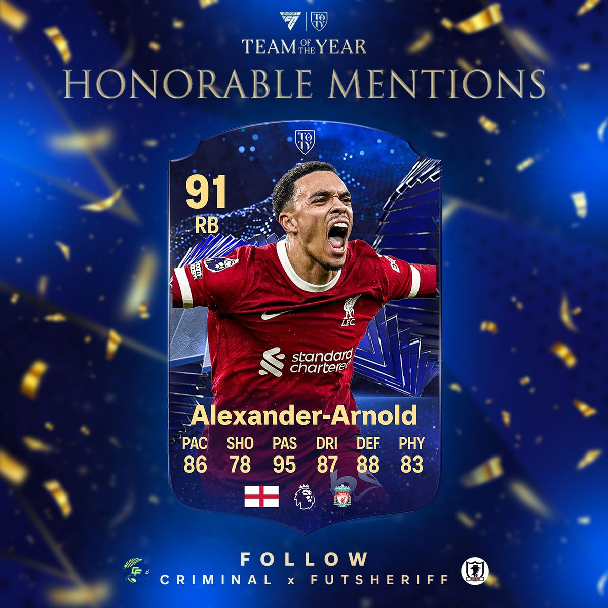 FutSheriff's tweet image. 🚨Trent Alexander Arnold 🏴󠁧󠁢󠁥󠁮󠁧󠁿 is coming as TOTY HONORABLE MENTIONS!🔥

Stats are prediction🤠

Make sure to follow @FutSheriff and @Criminal__x !
#fc24