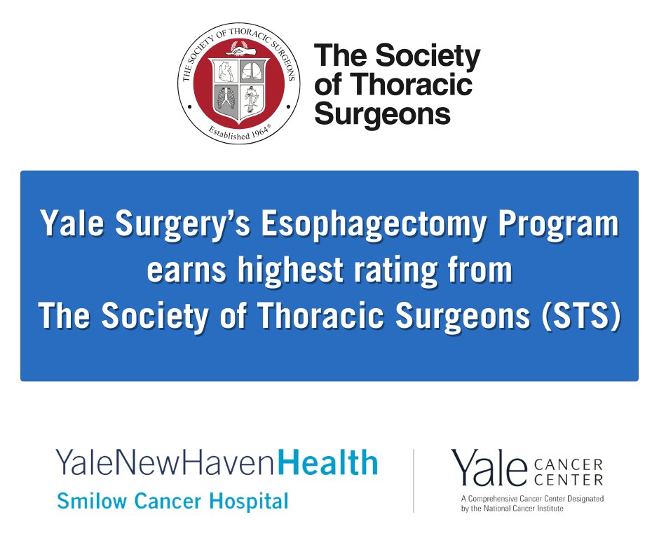 The @YaleThoracic esophagectomy program received the highest rating, a 3-star overall composite score for excellent performance from the Society of Thoracic Surgeons (STS) @STS_CTsurgery.🌟🌟🌟 medicine.yale.edu/news-article/r… @YaleCancer @YaleMed @YNHH @YaleSurgery #esophagealcancer