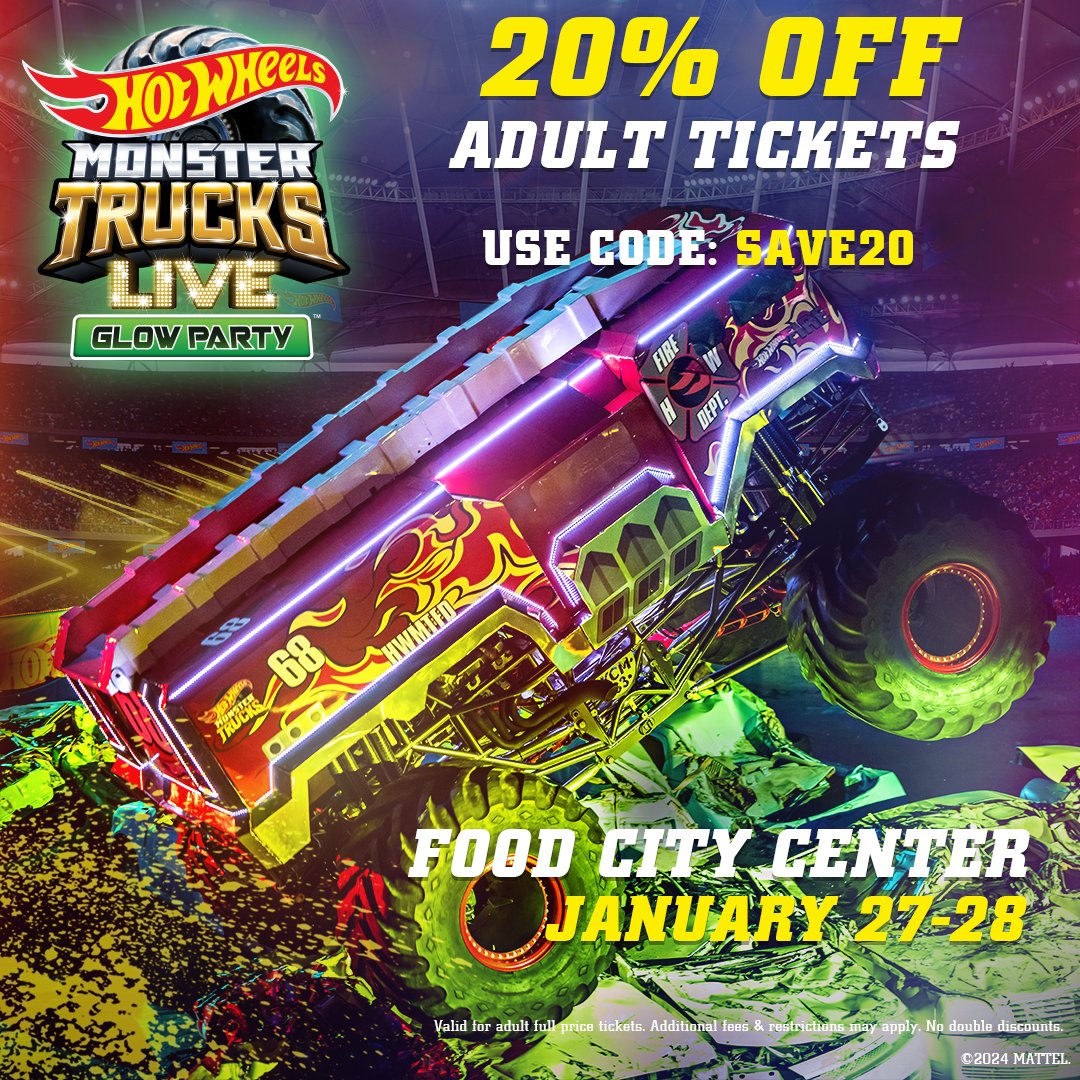 Hot Wheels 🤝 Hot Deals Save 20% off adult admission on select tickets for  Hot Wheels Monster Trucks Live on January 27 and 28! Use code: \, image size:1080x1080