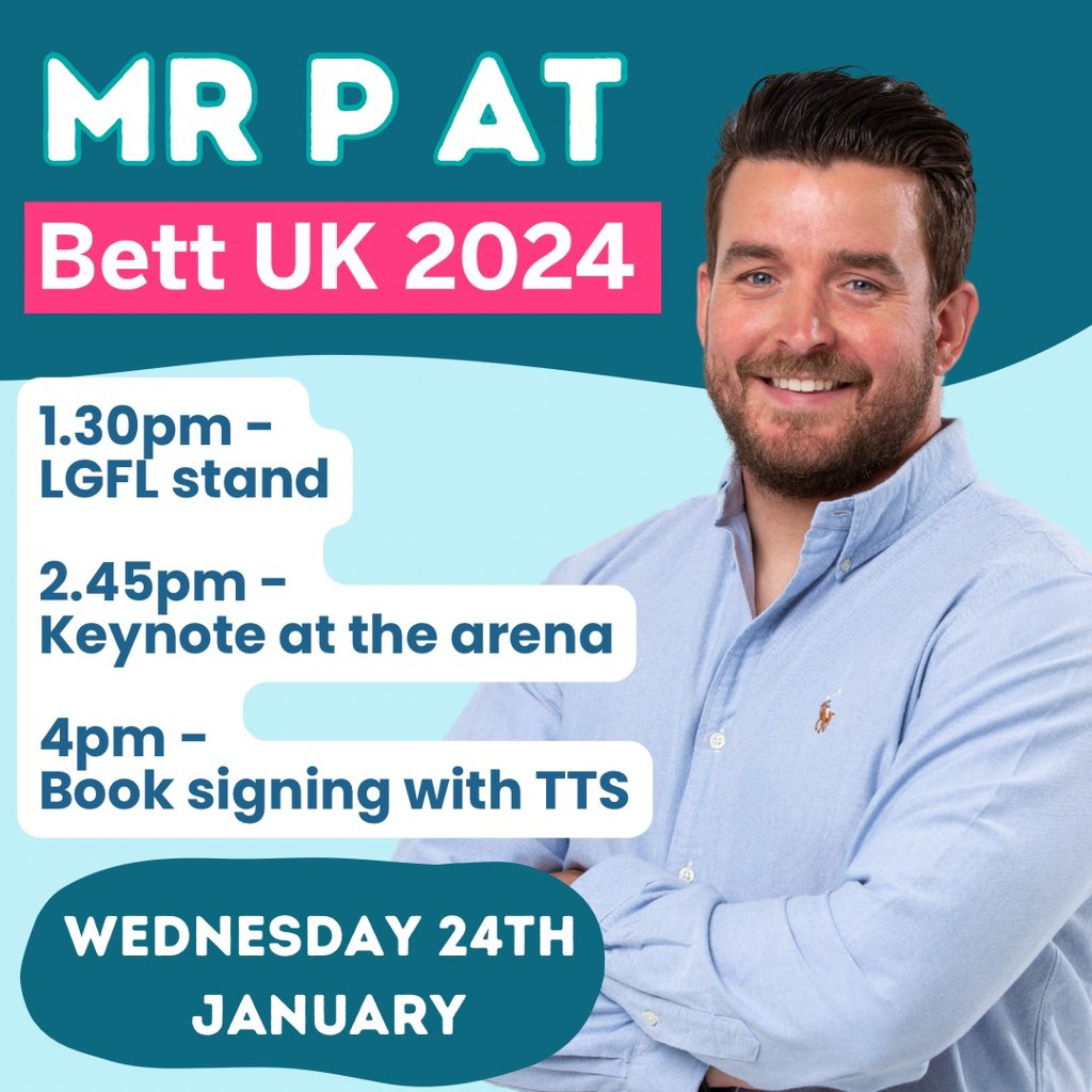 If you’re heading to #Bett2024 tomorrow please do come and say hello. I’ll be at the @LGfL stand at half 1 with the other TeachMate team with a demo and Q&A session before my keynote at the arena at 2.45. Then join me with @tts_resources where we will be doing a book signing!