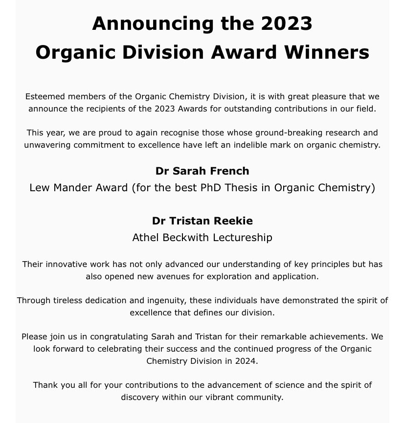 Sarah french (@teamfrench_) on Twitter photo I am excited to announce that I have been honored with the Lew Mander thesis award by the RACI organic division for the year 2023! I am immensely grateful to my friends and mentors for their guidance and feedback throughout the preparation of my thesis.
<a href="/JonathanHGeorge/">Jonathan George</a> I am excited to announce that I have been honored with the Lew Mander thesis award by the RACI organic division for the year 2023! I am immensely grateful to my friends and mentors for their guidance and feedback throughout the preparation of my thesis.
<a href="/JonathanHGeorge/">Jonathan George</a>