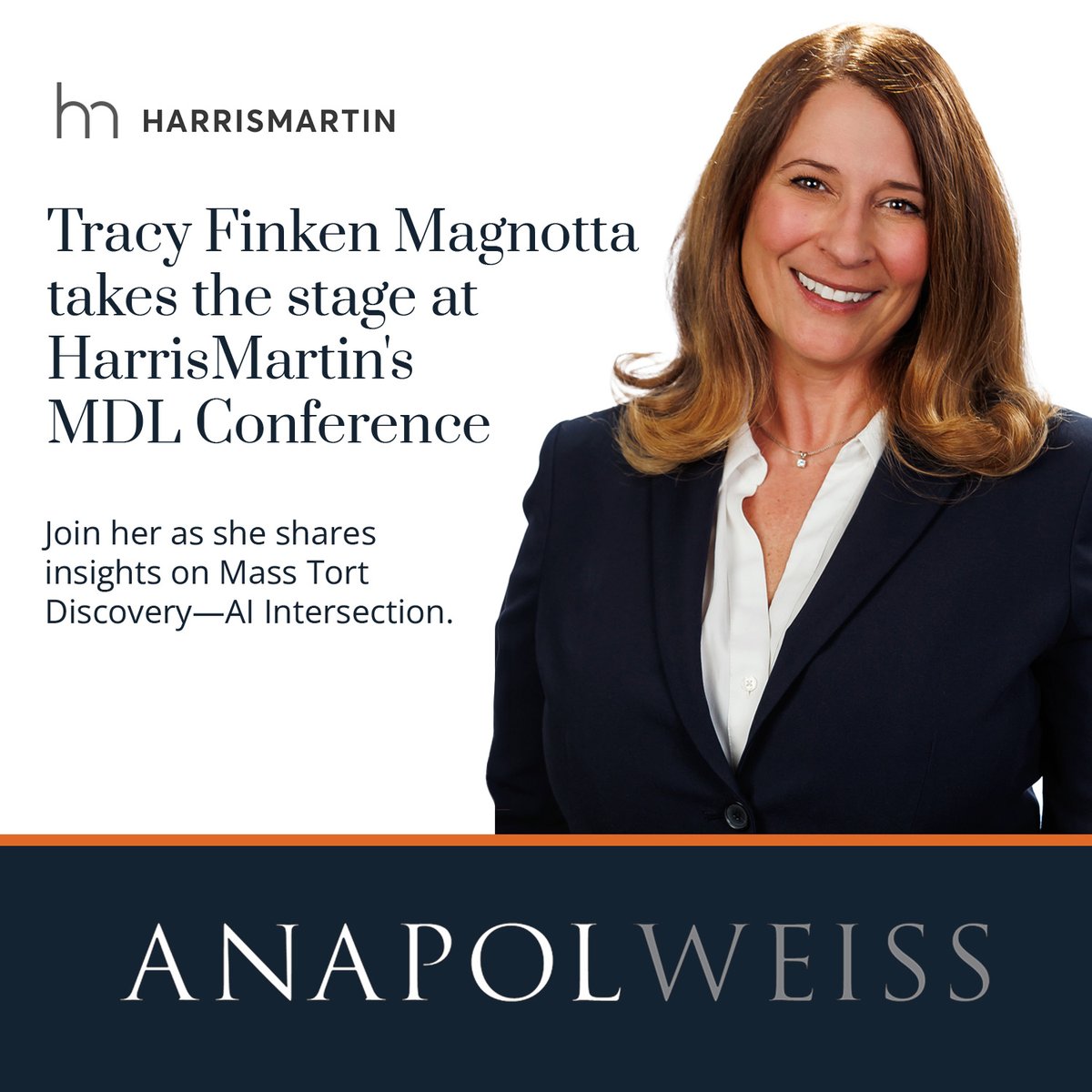 AnapolWeiss's tweet photo. Tracy A. Finken Magnotta takes the stage at HarrisMartin's MDL Conference! Join her as she shares insights on Mass Tort Discovery - AI Intersection. For more info, visit: https://t.co/jWdPBFx1cD. See you there! 👋 #MDLConference #Litigation #LegalIndustry https://t.co/U8SJ3VdzmL