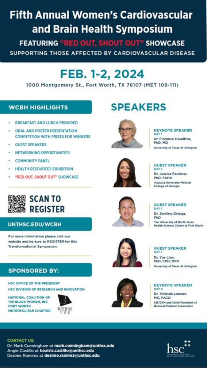 Please join us Feb. 1-2 for the Fifth Annual Women’s Cardiovascular and Brain Health Symposium. 

The symposium will include oral and poster presentations, guest speakers, networking opportunities and more! 

Register here: unthsc.edu/WCBH