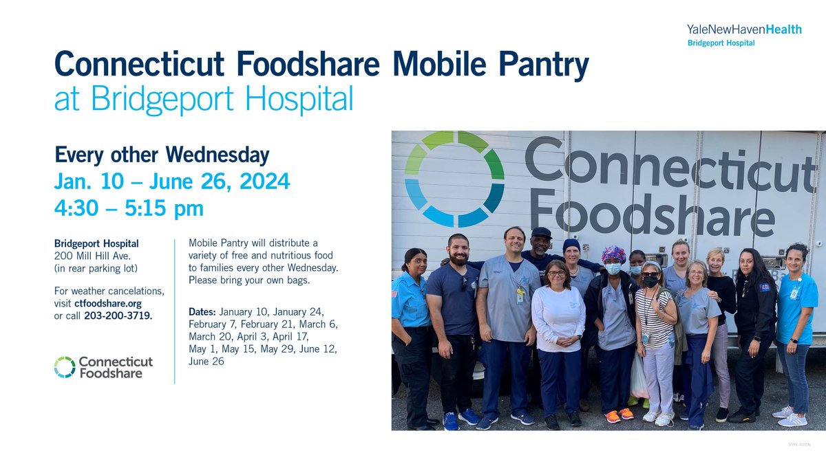 Bridgeport Hospital partners with Connecticut Foodshare to host a biweekly free food distribution. If you or a loved one is in need of food, visit one of our upcoming distributions at 200 Mill Hill Avenue. All are welcome. Please bring your own bags.