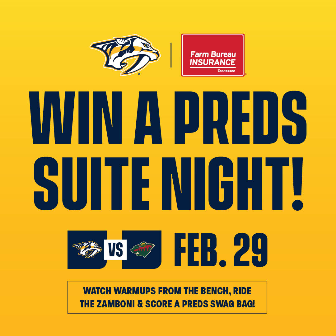 🏒 GIVEAWAY ALERT! 🏒

Get ready for a Nashville Predators Suite Experience at Bridgestone Arena against the Minnesota Wild on February 29, 2024!

Entering is easy! Just follow these steps:
1️⃣ Visit fbitn.us/smashville
2️⃣ Complete the entry form
