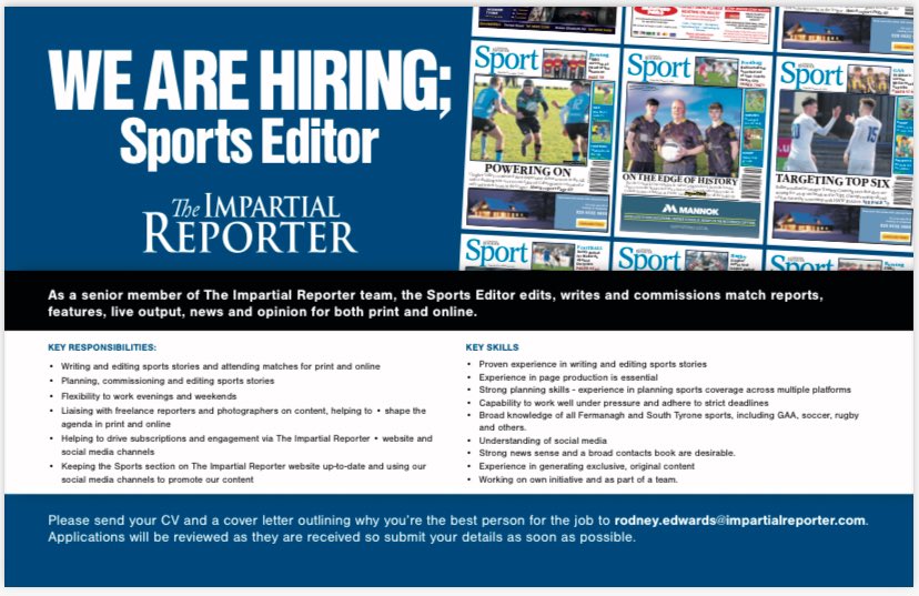 rodneyedwards's tweet photo. Please share: I am looking for a Sports Editor for The Impartial Reporter. Come and join our newspaper as we plan a very exciting year. DM for more information. #jobfairy #journalism https://t.co/VWJZq5kfh7