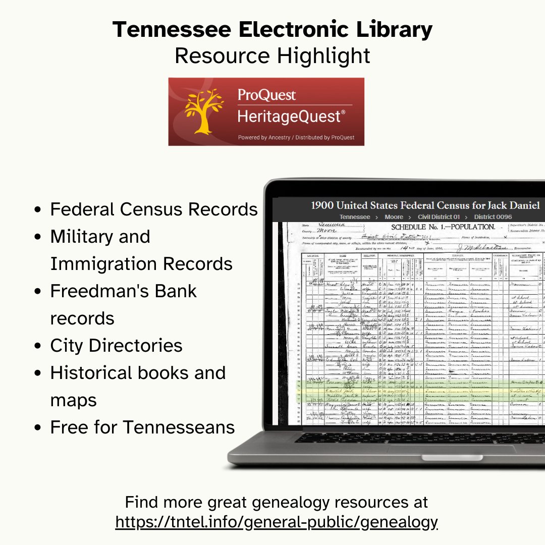 HeritageQuest is a great place to look for your family’s history! Start with Federal US Census records from 1790-1950 before diving into other collections including military and immigration records, Freedman's Bank Record, City Directories and more! #TennesseeElectronicLibrary
