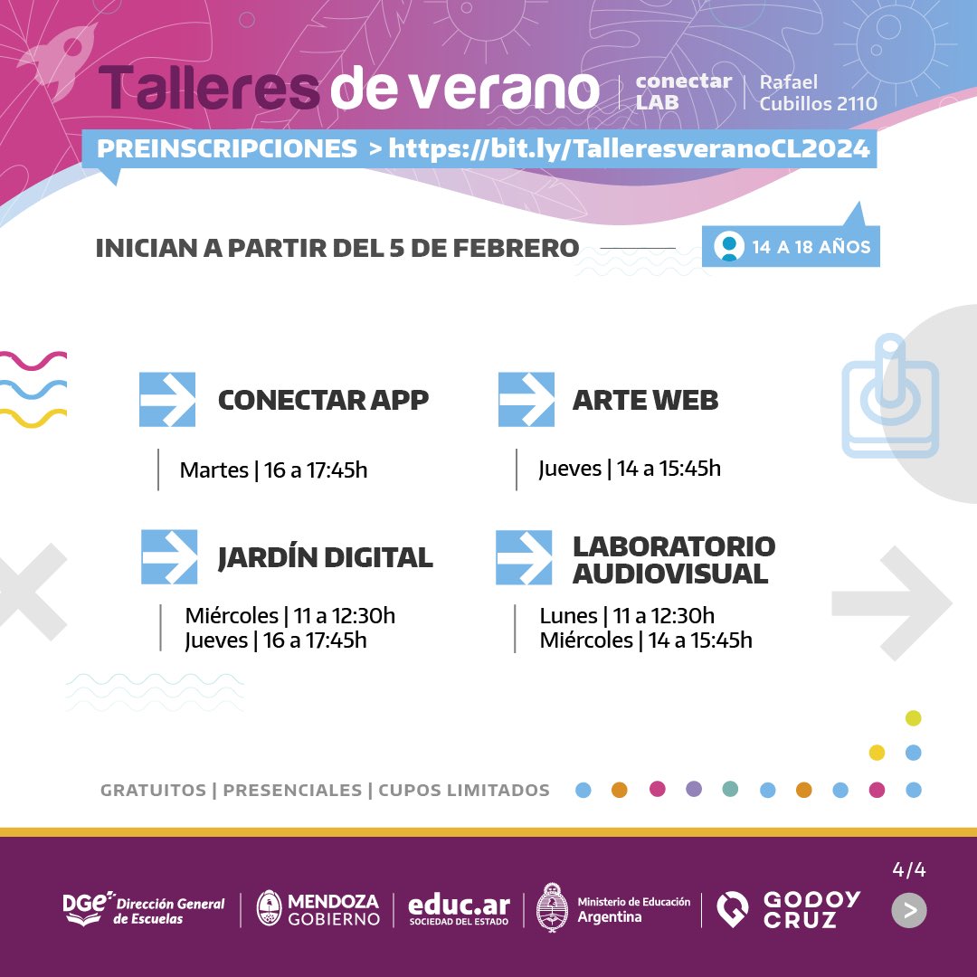 MuniGodoyCruz's tweet photo. 💥 ¡Atención jóvenes! Están abiertas las preinscripciones para los talleres de verano en #ConectarLAB 👨🏻‍💻

👉 Podrán aprender, experimentar y crear a través de diversas propuestas gratuitas, presenciales y con cupos limitados.

Consultá por más info en nuestra web 📲 https://t.co/tfJjqQo2or