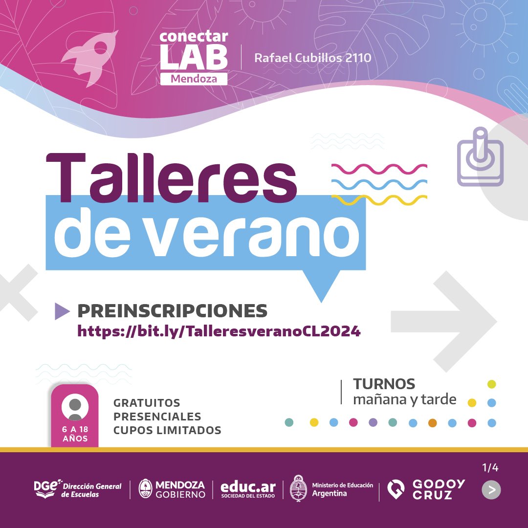MuniGodoyCruz's tweet photo. 💥 ¡Atención jóvenes! Están abiertas las preinscripciones para los talleres de verano en #ConectarLAB 👨🏻‍💻

👉 Podrán aprender, experimentar y crear a través de diversas propuestas gratuitas, presenciales y con cupos limitados.

Consultá por más info en nuestra web 📲 https://t.co/tfJjqQo2or