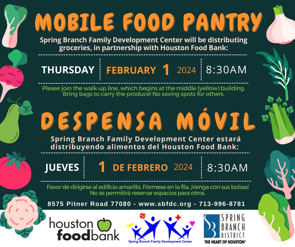 THURSDAY(2/1): The next @HoustonFoodBank Mobile Pantry at @SBFDCenter is Thurs., February 1 - 8:30AM. JUEVES(1/2): La próxima despensa del @HoustonFoodBank en @SBFDCenter es Jueves 1 de Febrero-8:30AM. Thanks for your support to help alleviate food insecurity, @SpringBranchMD!