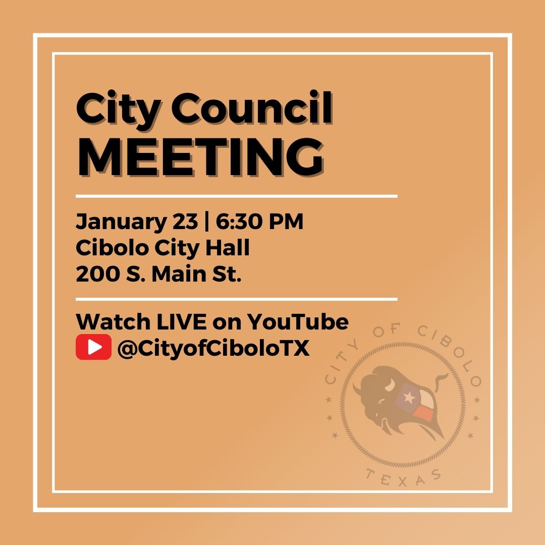 The City Council Meeting will be held today, January 23, at 6:30 PM at City Hall.  🏛
Cibolo residents are encouraged to tune in LIVE on YouTube <a href="/CityofCiboloTX/">City of Cibolo</a>. View the full agenda on our website at cibolotx.gov/Agendas.
