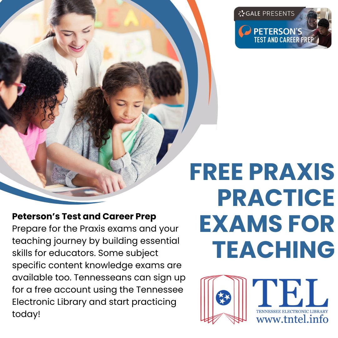 Prepare for the Praxis exams and your teaching journey by building essential skills for educators. Some subject specific content knowledge exams are available too. Tennesseans can sign up for a free account using the Tennessee Electronic Library and start practicing today!
