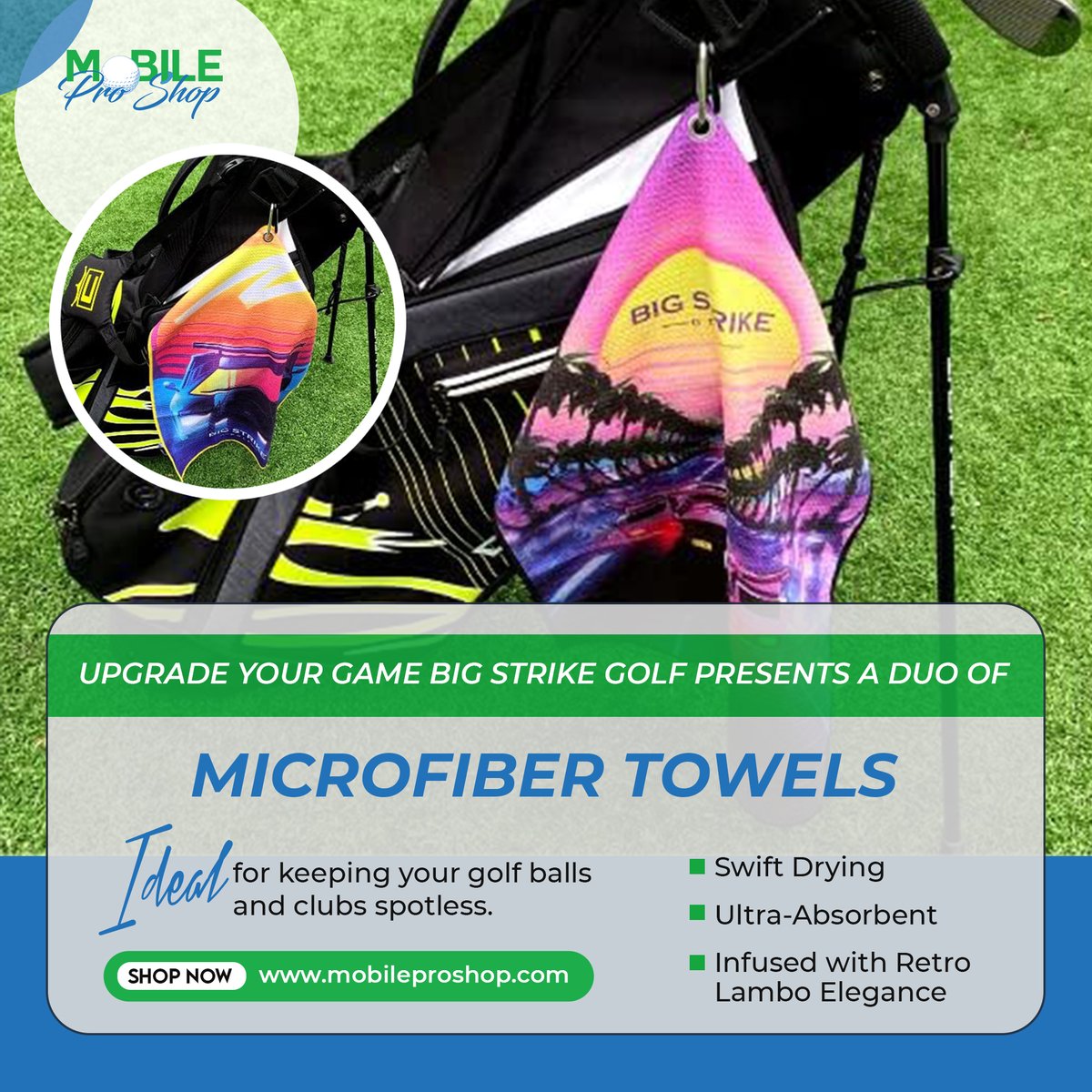 Upgrade Your Game Big Strike Golf presents a Duo of Microfiber Towels—Swift Drying, Ultra-Absorbent, Infused with Retro Lambo Elegance.

#BigStrikeGolf #GolfTowelSet #MicrofiberMagic #QuickDry #SuperAbsorbent #CleanSwing #GolfEssentials #RetroLamboDesign