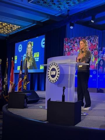Emilya Ventriglia @eventrig , a predoc at NIMH, greeting the attendees at the @UAW CAP conference. We are thrilled to be joining UAW and our UAW siblings are welcoming us with open arms!
