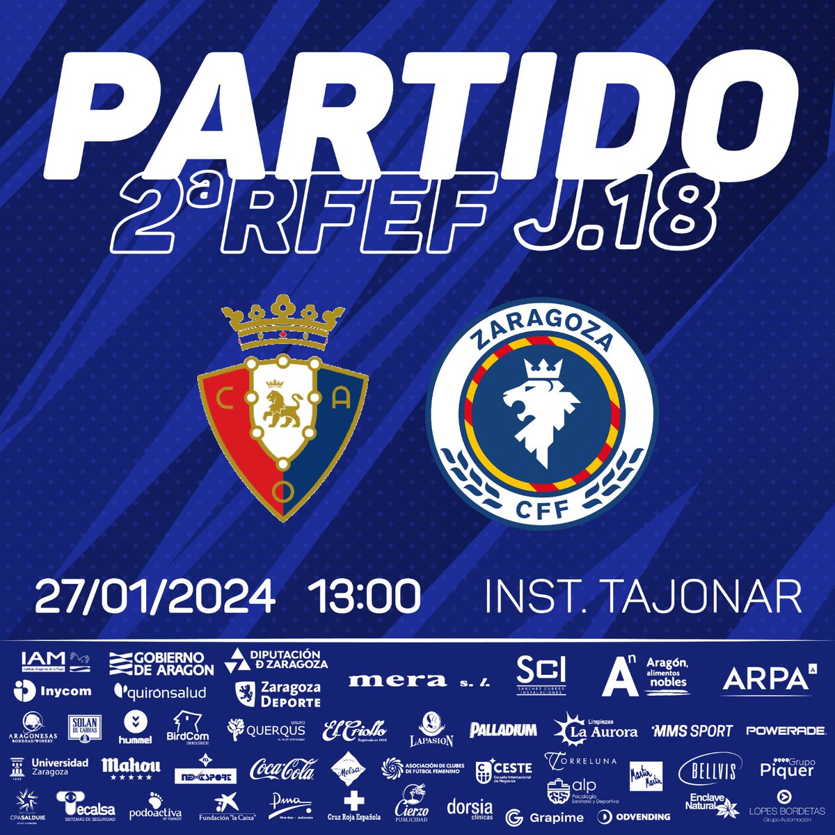 🕕 Horarios

👉 Este sábado desde las 13 horas visitamos a <a href="/Osasuna_fem/">C.A. OSASUNA</a> B

¡A por la quinta victoria consecutiva!

#ZaragozaFemenino 
#zaragozacff💙