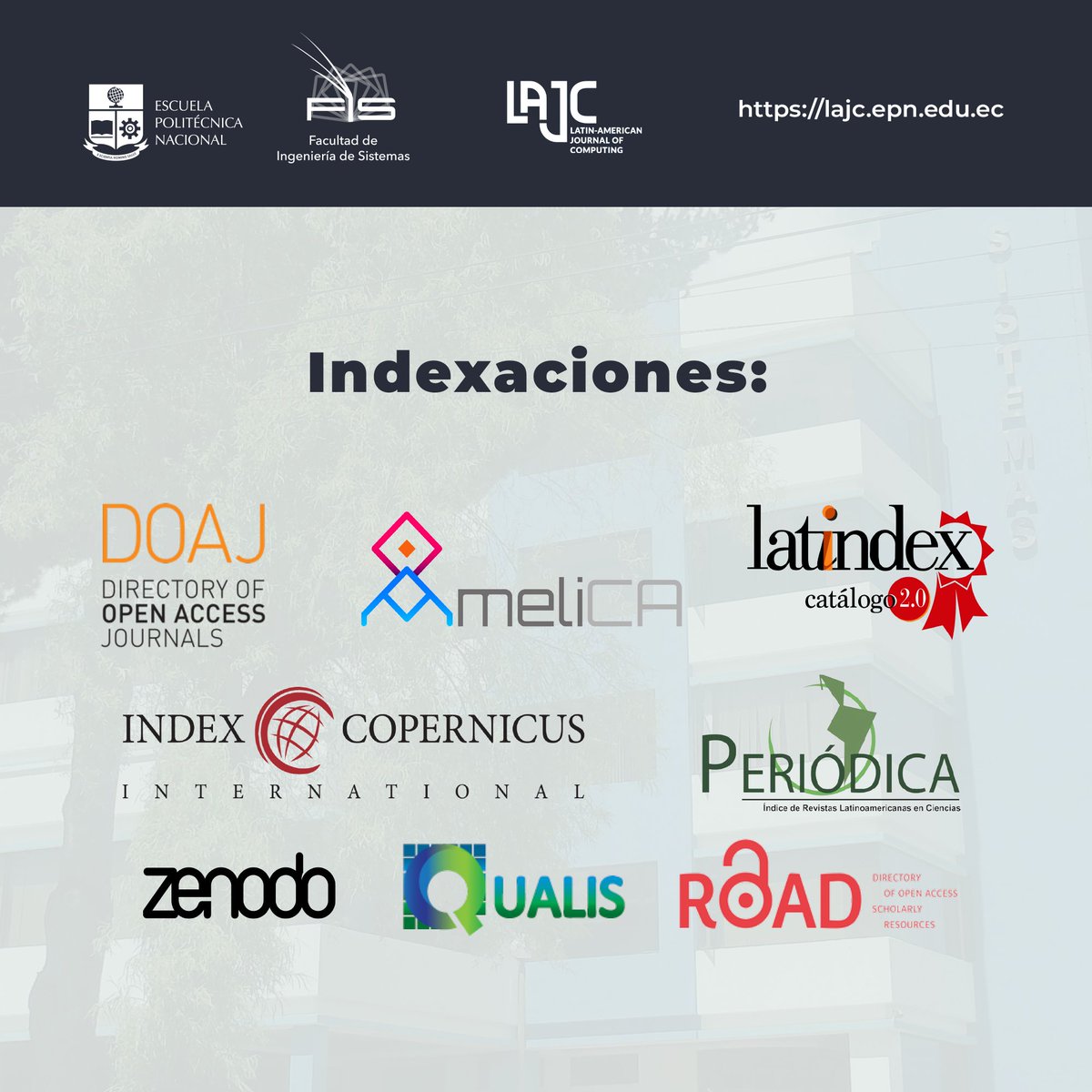 EPNEcuador's tweet photo. 📣 CALL FOR PAPERS | La #EPN te invita a presentar artículos originales de investigación para su publicación en la Revista Latinoamericana de Computación #LAJC, publicada por la Facultad de Ingeniería de Sistemas de la Escuela Politécnica Nacional.
ℹ️ https://t.co/vF2cqWn1mV https://t.co/Q9PBMfzZmx