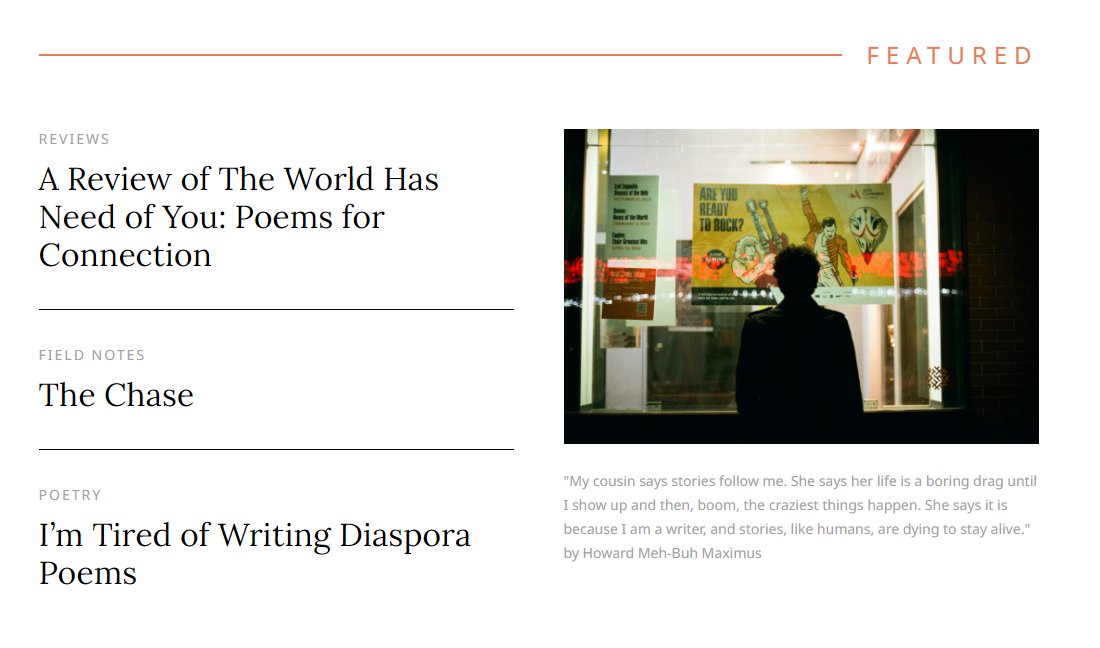 ✨ THIS WEEK IN PHR✨ - Benjamin Sullivan's review of 'The World Has Need of You: Poems for Connection' - 'The Chase,' a Field Notes piece by @howardbmaximus - Vanessa Vigneswaramoorthy's poem, 'I'm Tired of Writing Diaspora Poems' Read now at porterhousereview.org