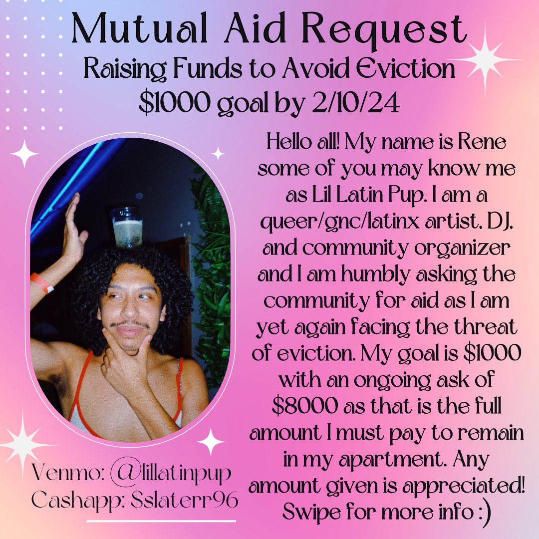 LilLatinPup's tweet photo. Posting my mutual aid ask here for more reach. If you have anything negative to say you will be blocked. 

Evictions are traumatic and flat out wrong. Housing is a human right. 

All I want for my bday in Feb is stable housing. https://t.co/eB79StsadO