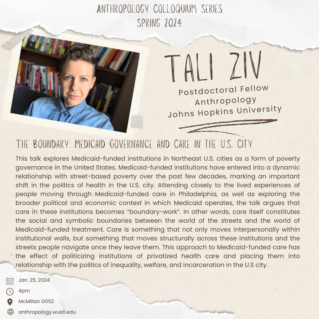 We are excited to have Dr. Tali Ziv from Johns Hopkins University giving a talk on "The Boundary: Medicaid Governance and Care in the U.S. City".  We'd love to see you there.  Thursday, Jan. 25 @ 4pm in McMillan G052. Reception to follow.