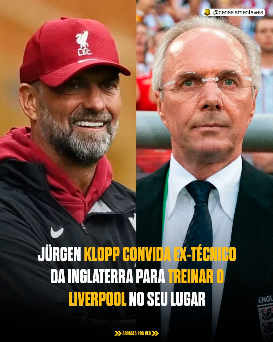 CLamentaveis's tweet photo. Há algumas semanas, o ex-técnico da Inglaterra, Sven-Goran Eriksson, revelou que tem câncer terminal e os médicos deram a ele no máximo UM ANO DE VIDA.

Fã de carteirinha do Liverpool, o técnico contou em várias entrevistas que a única tristeza da sua vida foi nunca ter tido a chance de treinar os Reds.

Jurgen Klopp ficou sabendo disso e convidou o Eriksson publicamente para que ele realize seu sonho.

“Ele é muito bem-vindo para vir aqui e pode sentar-se no meu lugar no meu escritório e fazer o meu trabalho por um dia, se quiser – isso não é problema. Tê-lo aqui e mostrar-lhe tudo e como este maravilhoso clube se desenvolveu ao longo dos anos, acho que isso é definitivamente algo que lhe diremos. Ele pode vir e passar algumas horas maravilhosas aqui, tenho certeza”.

Que atitude! 💛