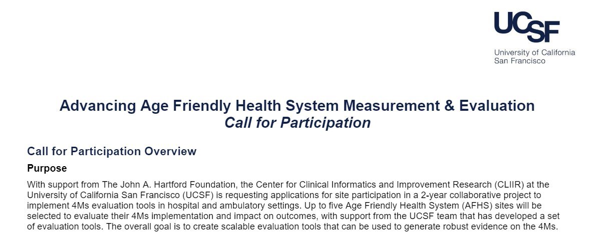 ICYMI🚨New Funding Opportunity! @CLIIR_UCSF is partnering with @johnahartford and @TheIHI to advance 4Ms evaluation tools in healthcare settings. 3-5 health systems will be selected, up to $125K each. Applications due 2/16/24. More here➡️cliir.ucsf.edu/advancing-age-…