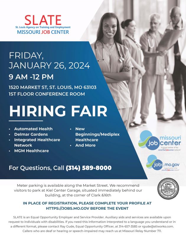 The Healthcare Job Fair is on Jan. 26th, from 9 am to noon at @SLATE_MCC, 1520 Market St, 1st-floor conference room. Participating employers: Automated Health, Delmar Gardens, Integrated Healthcare Network, MGM HealthcareNew, Beginnings/Mediplex Healthcare, and more. Pls, share!