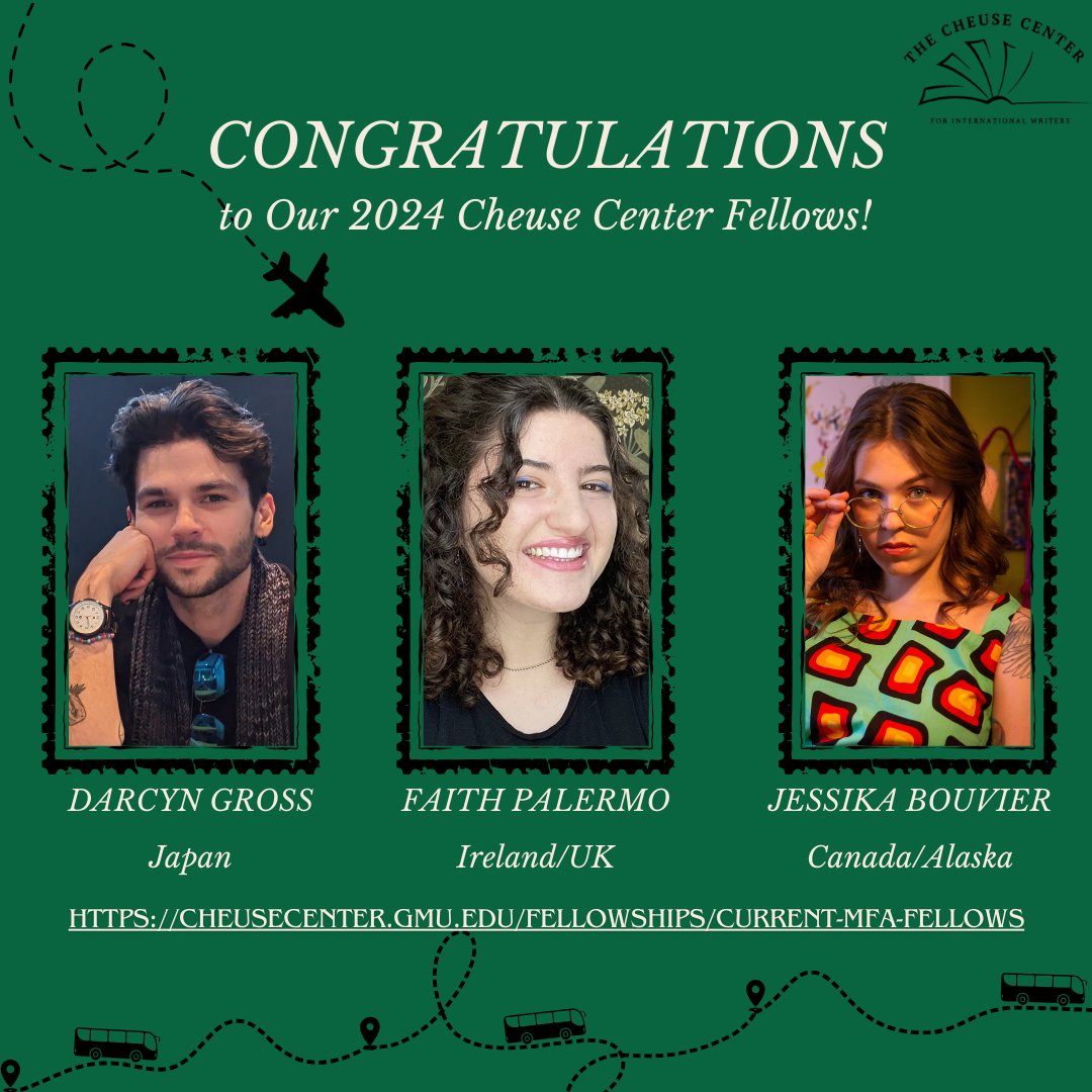 Congrats to the recipients of our 2024 Cheuse Travel Fellowship! Read more about the fellows' travel plans here: cheusecenter.gmu.edu/fellowships/cu… @mason__cw @LitWatershed