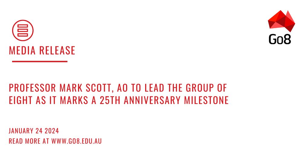 #Go8 (@groupofeight) on Twitter photo The <a href="/GroupOfEight/">#Go8</a> (Go8) Board has appointed <a href="/Sydney_Uni/">University of Sydney</a> Vice Chancellor, Professor Mark Scott AO as its new Chair and reappointed its CEO, Vicki Thomson, for a further five year term.
Read the Media Release here: go8.edu.au/professor-mark…
<a href="/mscott/">Mark Scott</a> <a href="/ThomsonVicki/">Vicki Thomson</a> The <a href="/GroupOfEight/">#Go8</a> (Go8) Board has appointed <a href="/Sydney_Uni/">University of Sydney</a> Vice Chancellor, Professor Mark Scott AO as its new Chair and reappointed its CEO, Vicki Thomson, for a further five year term.
Read the Media Release here: go8.edu.au/professor-mark…
<a href="/mscott/">Mark Scott</a> <a href="/ThomsonVicki/">Vicki Thomson</a>