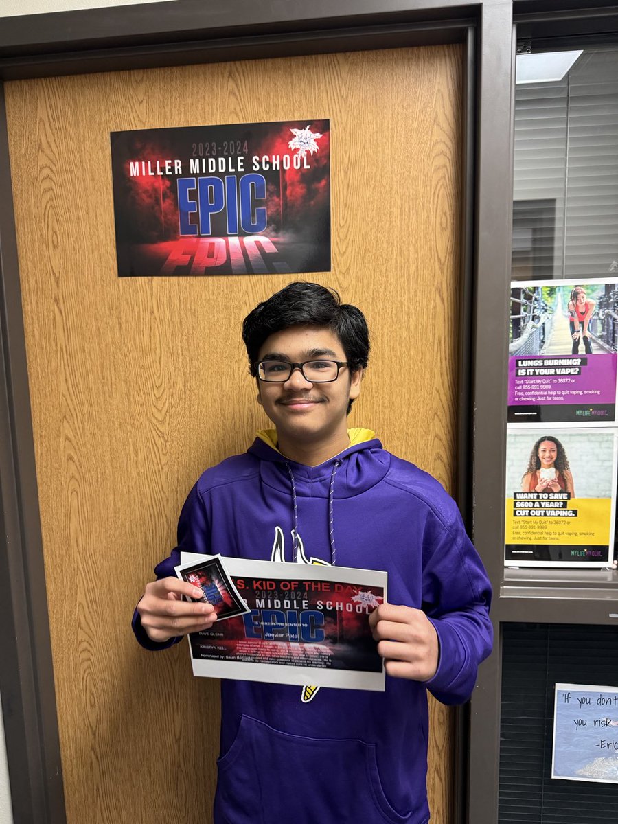 BRMillerMiddle's tweet photo. Congratulations to Jaevier and Huston as our CATS Kids of the Day today. Nominated by Ms. Benscoter and Ms. Lamb respectively, they are phenomenal representatives of what it is to be a Miller student! #mms #epic https://t.co/n2dwbkgWV6