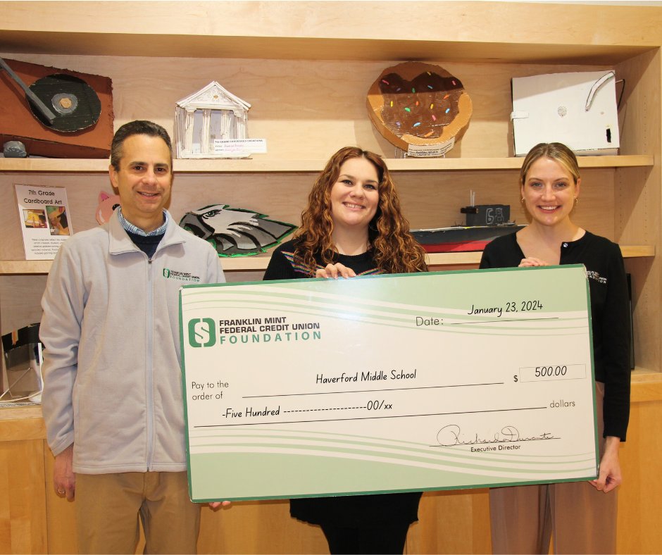 Congratulations to Janiene Kwoczak, @Haverford_MS art teacher, for receiving a mini-grant from the @FMFCUFoundation. The grant will be used to fund the purchase of two Inventables to be used for their STEAM unit.