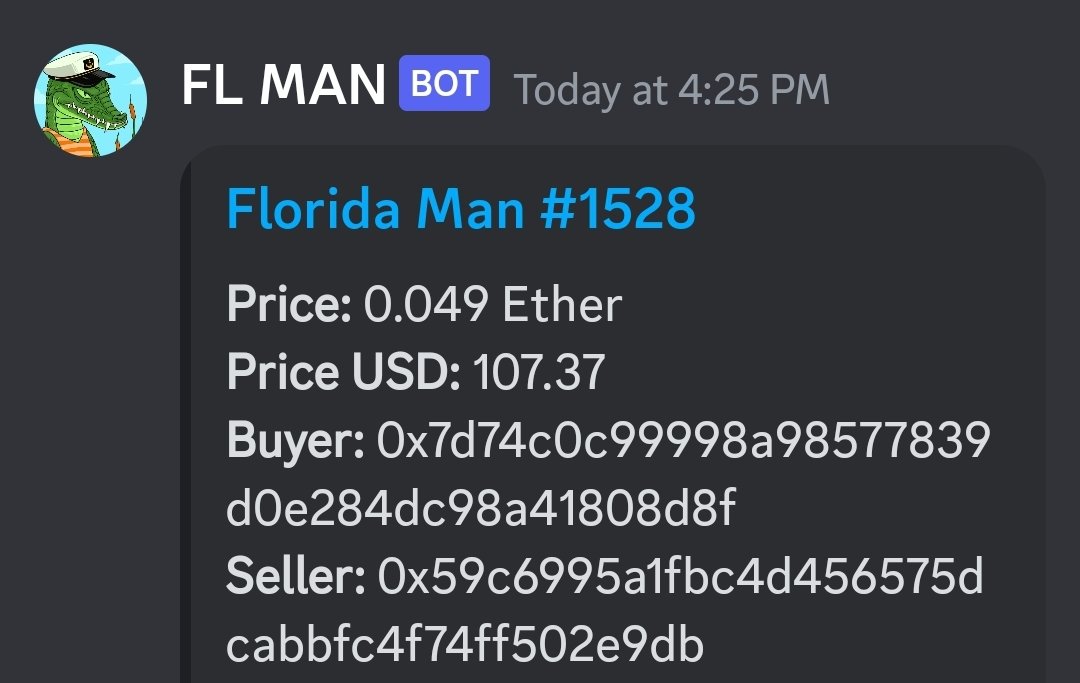 Florida Man Sales Bot 🤖 (@flmansales) on Twitter photo 🐐 <a href="/FLmanNFTs/">Florida Man</a> #1528 SOLD FOR .049$ETH 📈
#ZoosDayTuesdays is here at #FloridaMan
🚨 WHO'S NEXT? 👇 📈 🐐 <a href="/FLmanNFTs/">Florida Man</a> #1528 SOLD FOR .049$ETH 📈
#ZoosDayTuesdays is here at #FloridaMan
🚨 WHO'S NEXT? 👇 📈