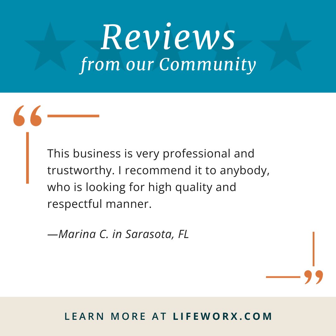 We are so grateful for your testimonial Marina!

A heartfelt thank you to you for sharing your experience with our Sarasota team.

#lifeworx #testimonial #ClientTestimonial #eldercare #homecare