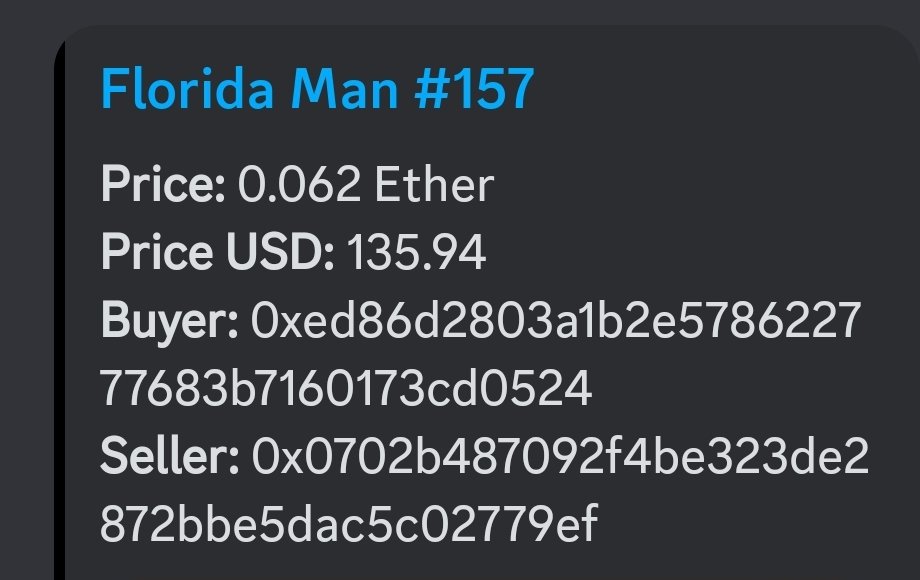 Florida Man Sales Bot 🤖 (@flmansales) on Twitter photo 😷 <a href="/FLmanNFTs/">Florida Man</a> #157 SOLD FOR .062 $ETH 📈
#ZoosDayTuesdays is here at #FloridaMan 💥🔥
🚨 WHO'S NEXT? 👇 📈 😷 <a href="/FLmanNFTs/">Florida Man</a> #157 SOLD FOR .062 $ETH 📈
#ZoosDayTuesdays is here at #FloridaMan 💥🔥
🚨 WHO'S NEXT? 👇 📈