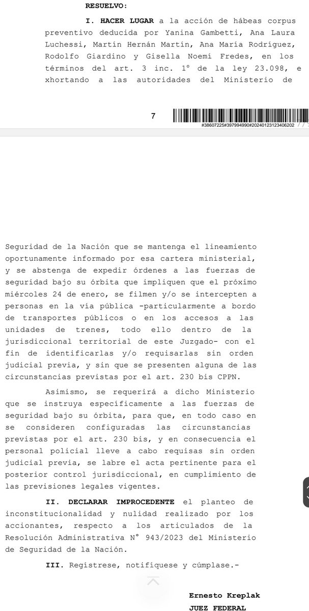 ⚠️ INFORMACIÓN IMPORTANTE ⚠️

✅ De acuerdo a lo resuelto por el Juez Federal Ernesto Kreplak  el 23/1 /2024 en la causa " HABEAS CORPUS . SOLICITANTE GAMBETTI YANINA Y OTROS " , es importante que sepas 

✅Que en el marco del paro nacional y la movilización de la CGT del 24 de