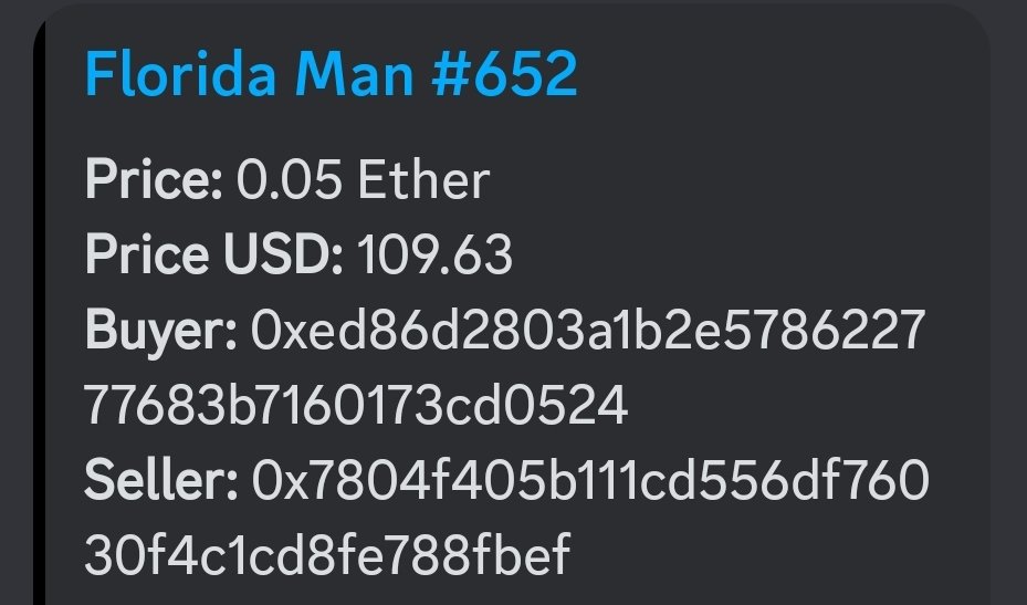Florida Man Sales Bot 🤖 (@flmansales) on Twitter photo 🦝 <a href="/FLmanNFTs/">Florida Man</a> #652 SOLD FOR .05 $ETH 📈
#ZoosDayTuesdays is here at #FloridaMan
🚨 WHO'S NEXT? 👇 📈 🦝 <a href="/FLmanNFTs/">Florida Man</a> #652 SOLD FOR .05 $ETH 📈
#ZoosDayTuesdays is here at #FloridaMan
🚨 WHO'S NEXT? 👇 📈