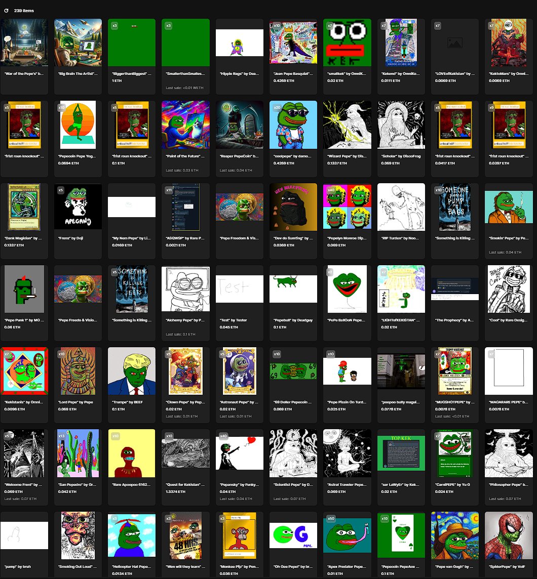 The community of <a href="/pepecoins/">Pepecoin</a> has already created over 200 artworks with PepeCoins Pepe Paint.

Some of them are already selling for $100-200.

And this is just one of many things PepeCoin is building.