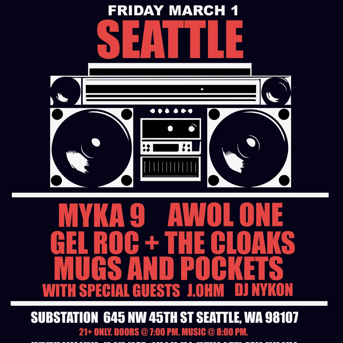 Dont miss the first show of the Fresh Coast 2024 Tour feat. <a href="/myka9/">myka 9</a> (of <a href="/FreestyleFS/">INNER CITY GRIOTS</a>) <a href="/AWOLONE/">AWOL ONE</a> <a href="/GEL_ROC/">GEL ROC</a> &amp; the Cloaks w/<a href="/DJNYKON/">Brother Nature</a> @MugsandPockets &amp; more at <a href="/SUBSTATION206/">substation.seattle</a> in Seattle on March 1st!
🎟️ tinyurl.com/freshcoast2024